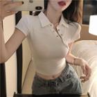 Short-sleeve Collared Crop T-shirt White - One Size