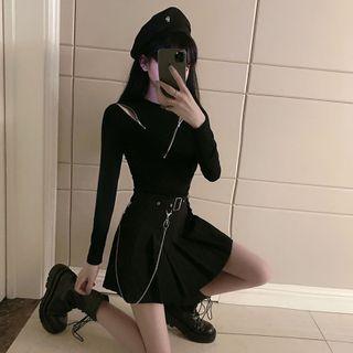 Zip Cutout T-shirt / Pleated Mini A-line Skirt / Set