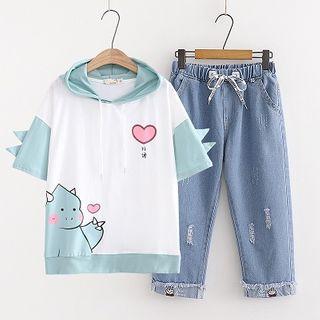 Short-sleeve Print Hooded T-shirt / Cropped Jeans / Set