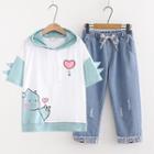 Short-sleeve Print Hooded T-shirt / Cropped Jeans / Set