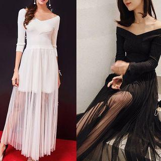 Knit Panel Mesh Overlay Maxi Dress