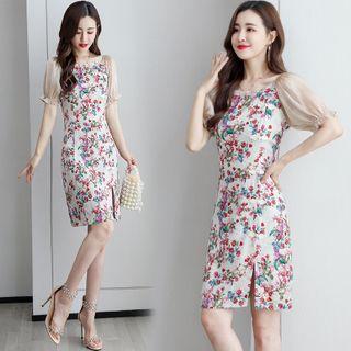 Floral Print Puff-sleeve Slit Sheath Dress