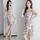 Floral Print Puff-sleeve Slit Sheath Dress