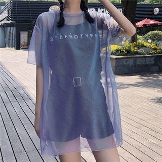 Set: Lettering Camisole Top + Mesh Elbow-sleeve Top