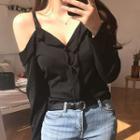Long-sleeve Cold-shoulder Ruffle Buttoned Top