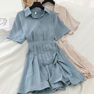 Set Of 2: Short-sleeve Chiffon Blouse + Pleated Skirt