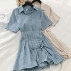 Set Of 2: Short-sleeve Chiffon Blouse + Pleated Skirt
