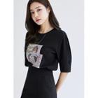 Letter Leopard Print T-shirt Black - One Size
