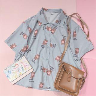 Bear Print Short-sleeve Shirt Blue - One Size