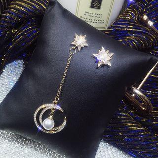 Asymmetric Rhinestone Moon-and-star Faux Pearl Drop Earring 1 Pair - Non Matching - Gold - One Size