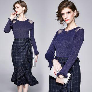 Set: Flared-cuff Glitter Mesh Paneled Top + Ruffled Plaid Midi A-line Skirt