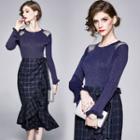Set: Flared-cuff Glitter Mesh Paneled Top + Ruffled Plaid Midi A-line Skirt