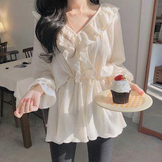 Long-sleeve Elastic-waist Ruffled Top