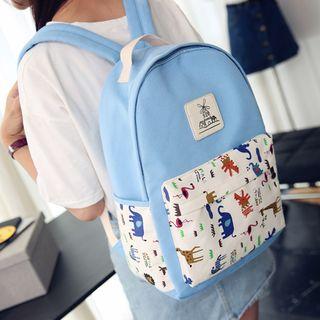 Set: Elephant Print Canvas Backpack + Crossbody Bag + Zip Pouch