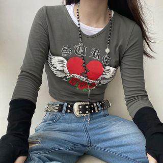 Long Sleeve Wings & Heart Print Paneled Crop Top