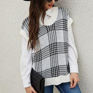 Plaid V Neck Knit Vest