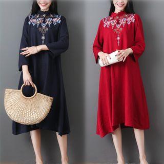 Embroidered Mandarin Collar A-line Dress