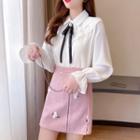 Set Of 2: Bell-sleeve Bow Lace Blouse + High-waist Embroidered Skirt