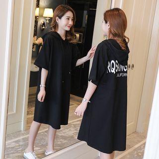 Lettering Elbow-sleeve Hooded T-shirt Dress