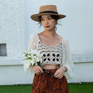 Long-sleeve Knit Panel Chiffon Cropped Blouse Black & Almond - One Size