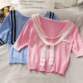 Sailor-collar Tie-front Light Knit Top