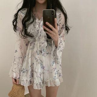 Floral Ruffle-trim Off-shoulder Bell-sleeve Playsuit As Shown In Figure - One Size