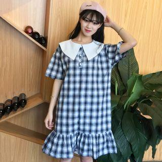 Ruffle Hem Plaid Midi Dress With Collar
