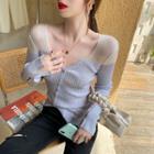 Mesh-panel Button-down Light Knit Top
