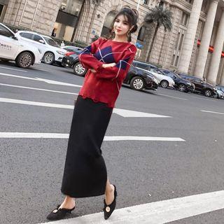 Argyle Sweater/ Midi H-line Skirt/ Set
