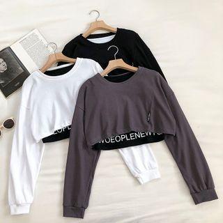 Set:lettering Printed Crewneck Tank Top + Plain Crewneck Long-sleeve T-shirt