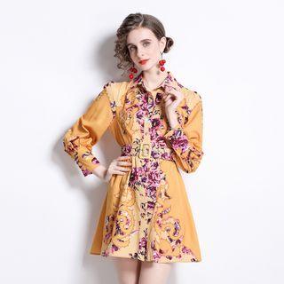 Belted Floral Print Mini A-line Shirtdress