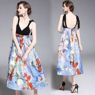 Shoulder-tie Print A-line Midi Cocktail Dress