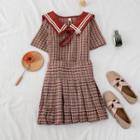 Set: Flat Collar Plaid Top + Pleated Skirt