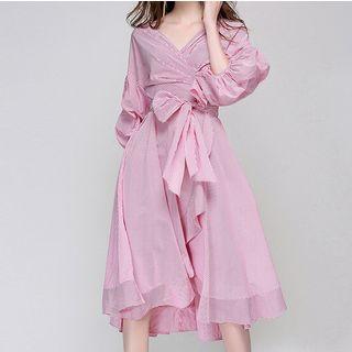 Ruffled Striped Puff-sleeve A-line Dress