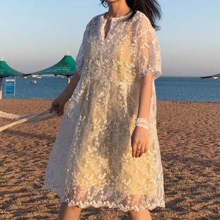 Set: Short-sleeve Embroidered Dress + Slipdress