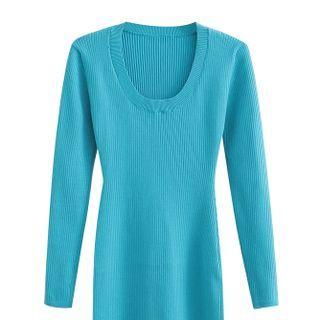Long-sleeve Scoop-neck Knit Mini Bodycon Dress