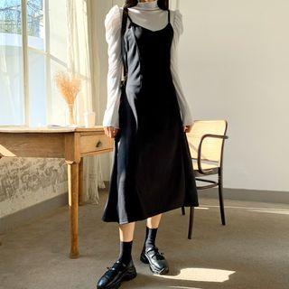 Spaghetti-strap Seam-trim Long Flare Dress