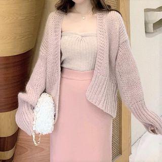 Cardigan / Knit Tube Top / Midi Skirt