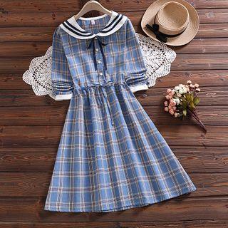 Plaid Sailor Collar Long-sleeve Midi A-line Dress