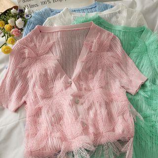 Flower-accent Button-up Knit Top