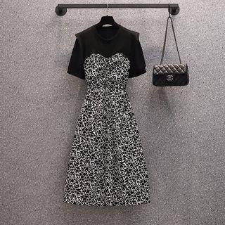 Mock Two-piece Short-sleeve Print Panel A-line Dress