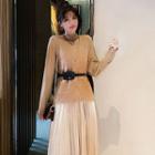 Set: V-neck Vest + Long-sleeve Pleated Dress
