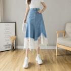 High-waist Lace Panel Denim A-line Midi Skirt