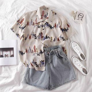 Short-sleeve Printed Chiffon Shirt White - One Size