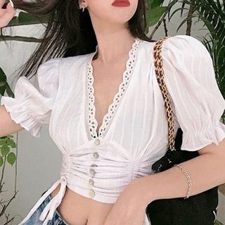 Puff-sleeve Lace Trim Drawstring Cropped Blouse