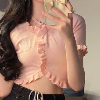Short-sleeve Ruffle Trim Knit Crop Top Pink - One Size
