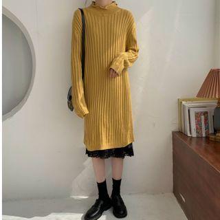 Mock-neck Ribbed Sweater Dress / Lace Slipdress