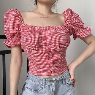Puff Sleeve Off-shoulder Gingham Cropped Top