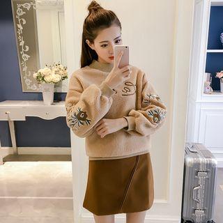 Set: Mock-neck Embroidery Top + Tweed Skirt