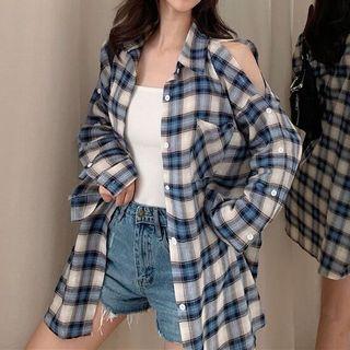 Check Long-sleeve Cutout Shirt